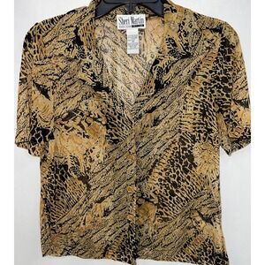Sheri Martin Shirt Women's 6 Petite Gold And Black Design Short Sleeve Blouse